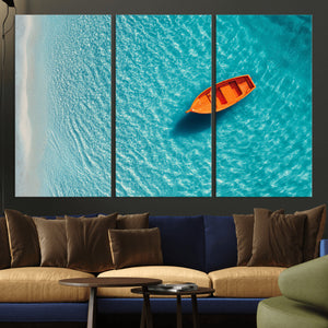 Minimalist Boat Wall Art Canvas Print, Aerial Sea Landscape