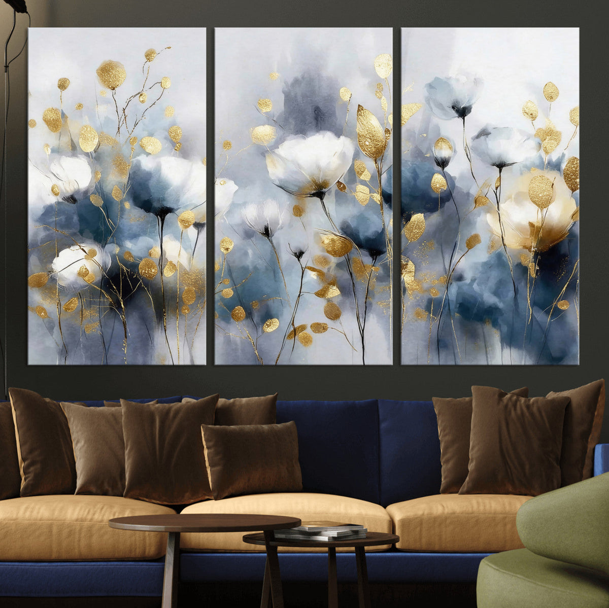 Large Abstract Flowers Wall Art Canvas Print – Gold and Blue