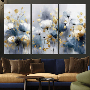 Large Abstract Flowers Wall Art Canvas Print – Gold and Blue