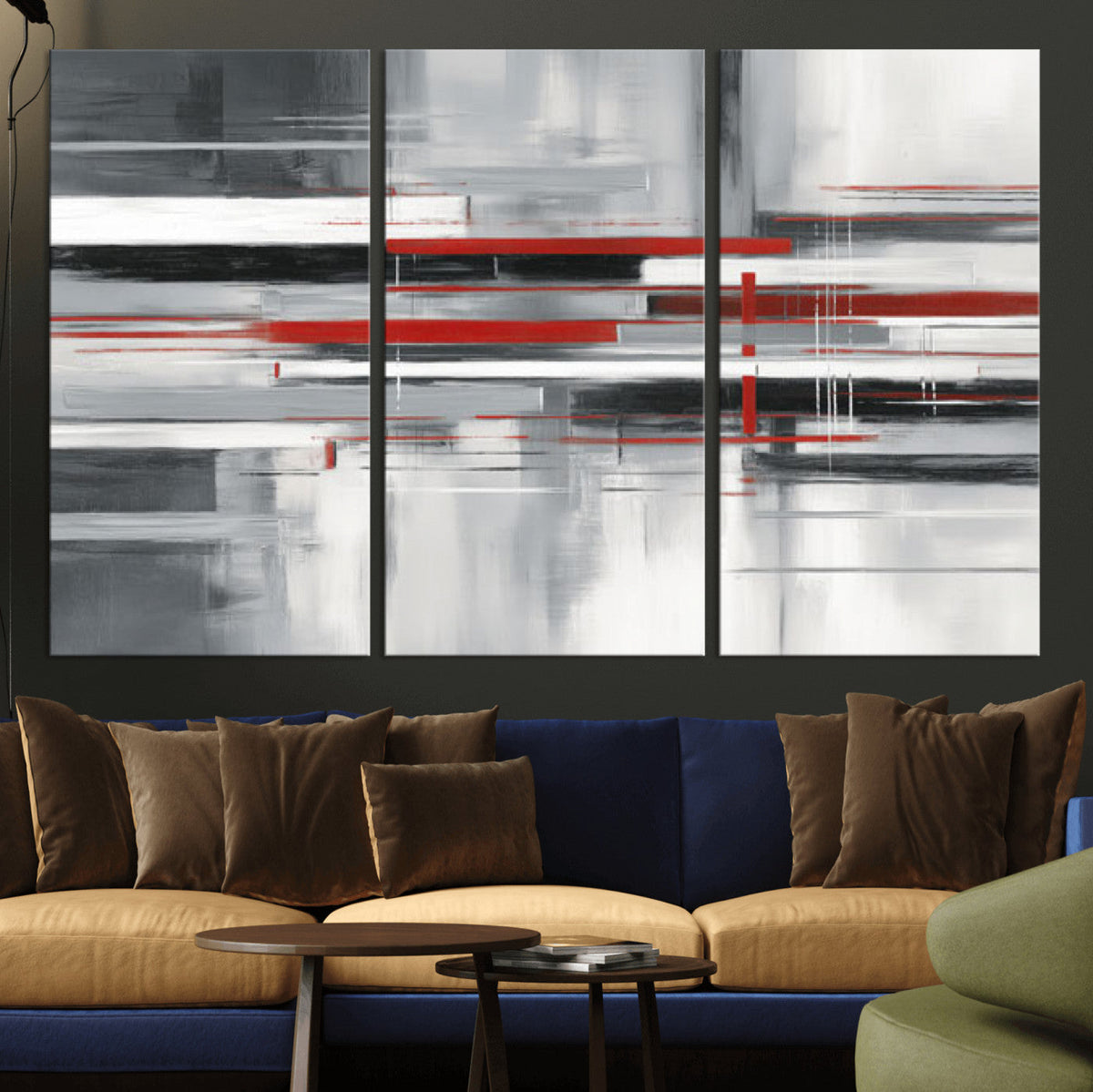 Gray Red Abstract Wall Art Canvas Print, Modern Abstract