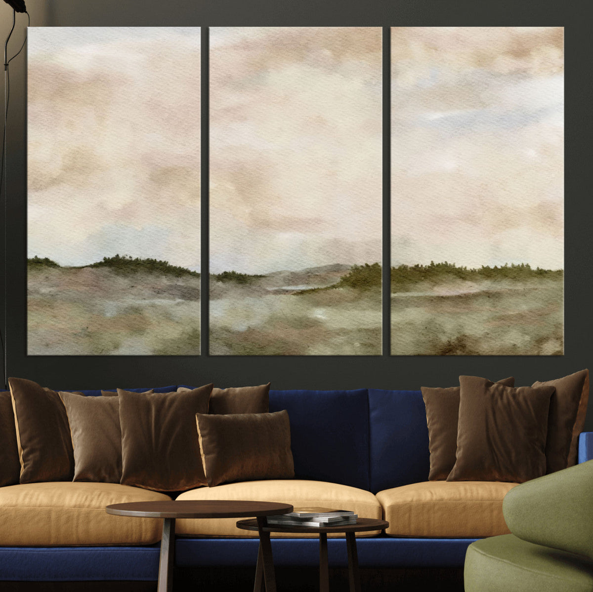 Muted Watercolor Hill Landscape Print — Beige Taupe Cloudy