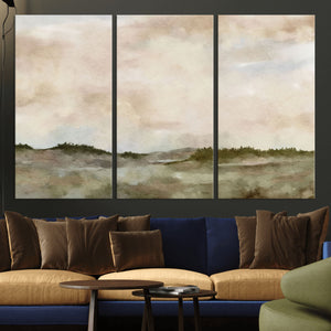 Muted Watercolor Hill Landscape Print — Beige Taupe Cloudy