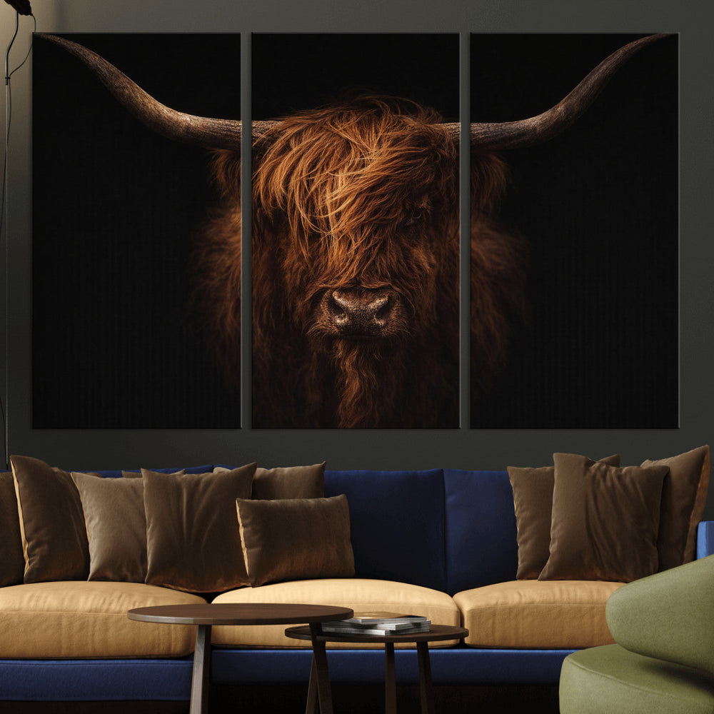 Highland Cow Wall Art Canvas Print – Moody Dark Rustic