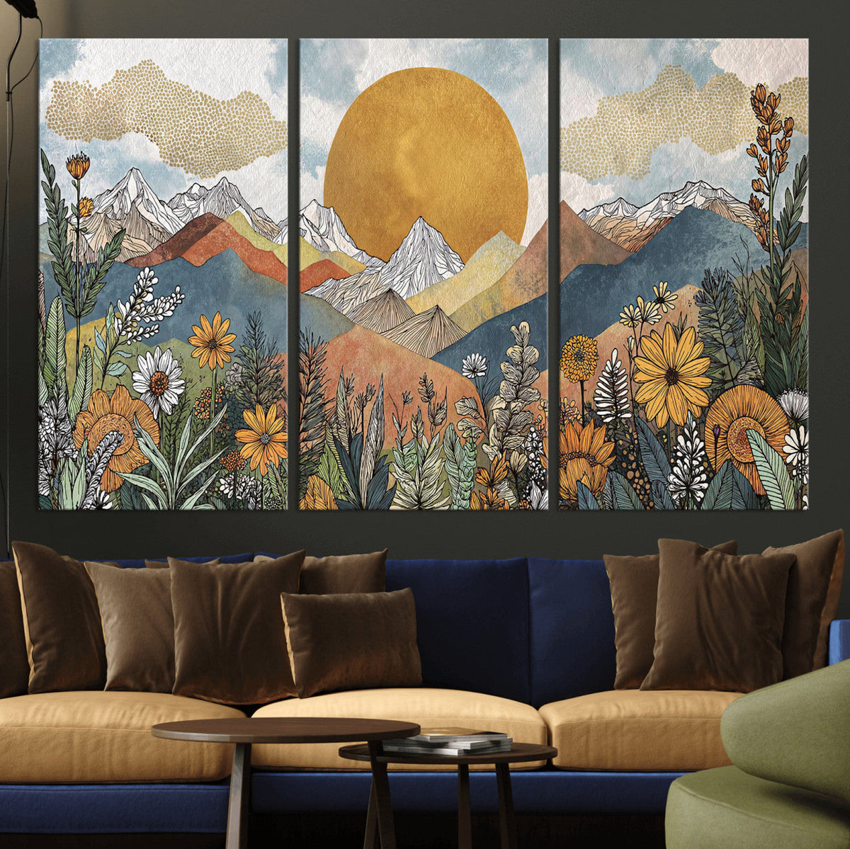 Boho Mountain Landscape Large Wall Art, Horizontal Gold