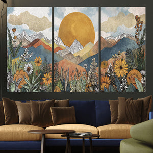 Boho Mountain Landscape Large Wall Art, Horizontal Gold