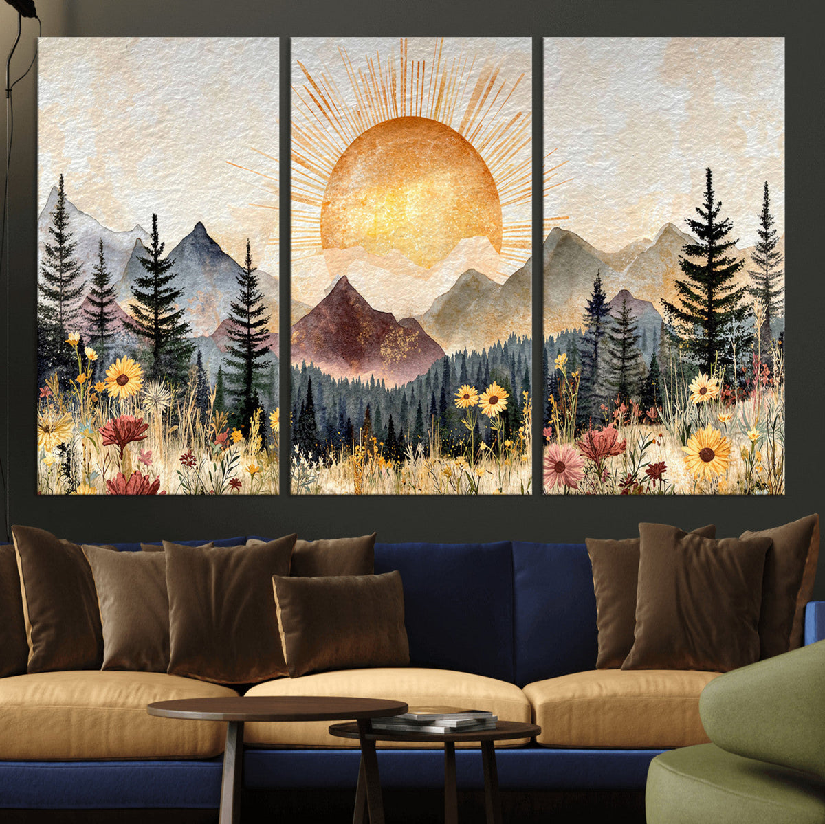 Boho Mountain Landscape Large Wall Art, Horizontal Gold
