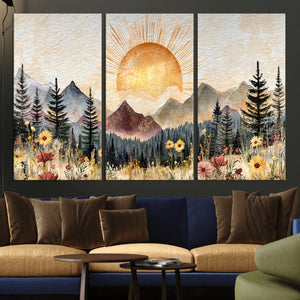 Boho Mountain Landscape Large Wall Art, Horizontal Gold
