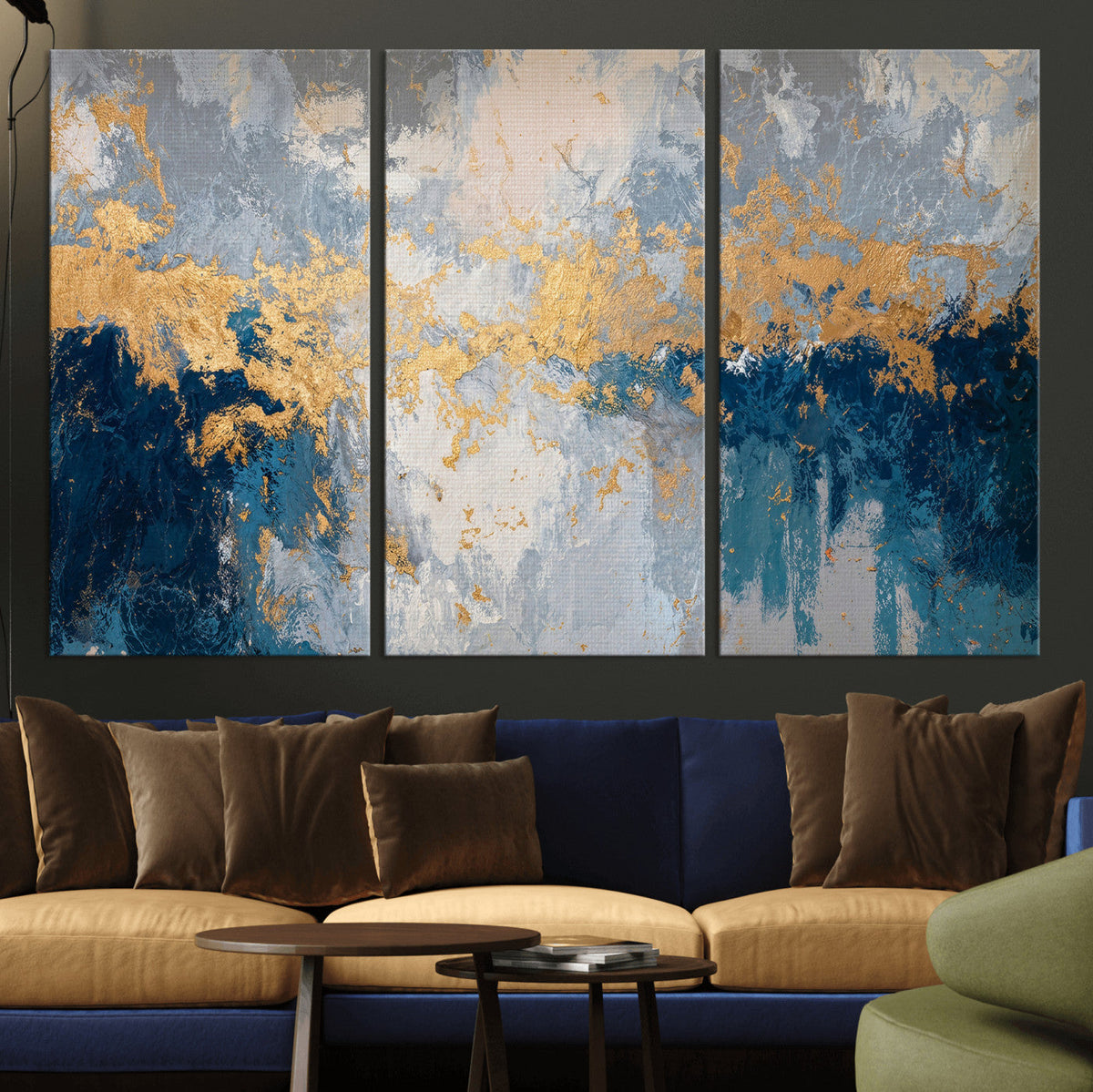 Blue Gold Abstract Large Framed Canvas Wall Art, Modern