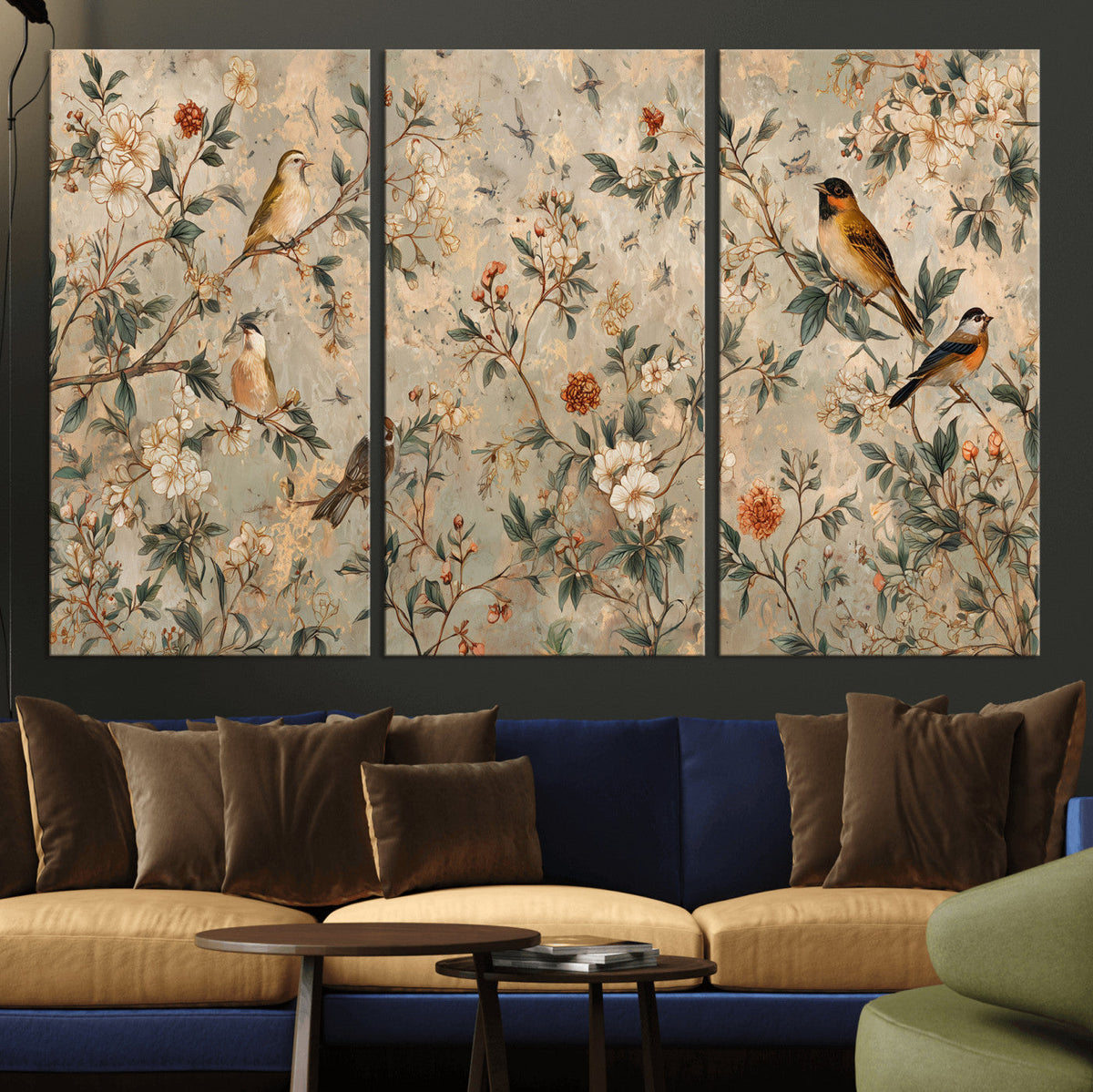Vintage Birds and Flowers Wall Art Canvas Print, Botanical