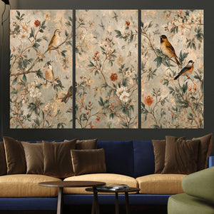 Vintage Birds and Flowers Wall Art Canvas Print, Botanical