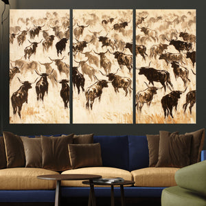 Texas Longhorn Sepia Canvas Wall Art, Western Cattle