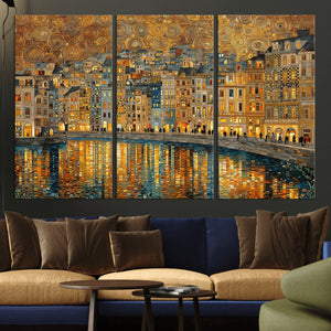 Gustav Klimt Golden Cityscape Wall Art Canvas Print, Framed