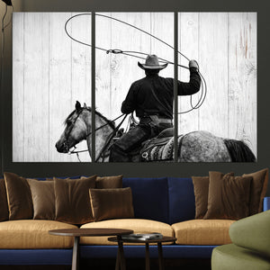 Cowboy Lasso Canvas Wall Art, Black White Western Horse