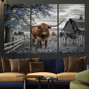 Texas Longhorn Canvas Wall Art, Rustic Farm Barn Bluebonnet