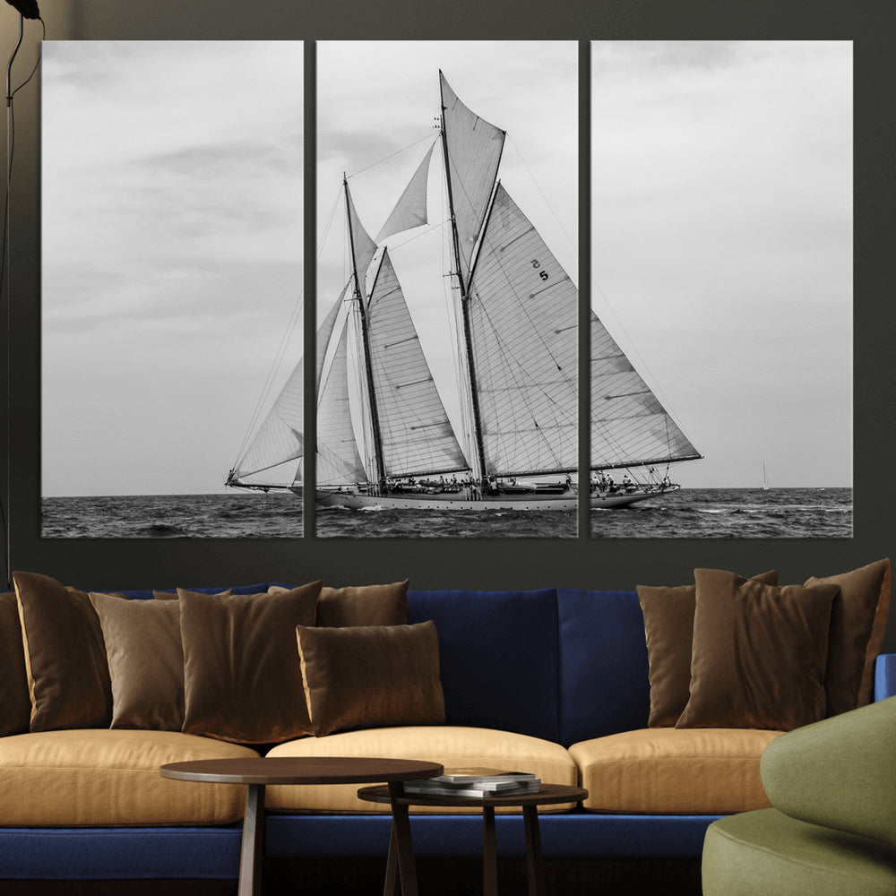 Vintage Sailboat Wall Art Canvas Print, Black and White