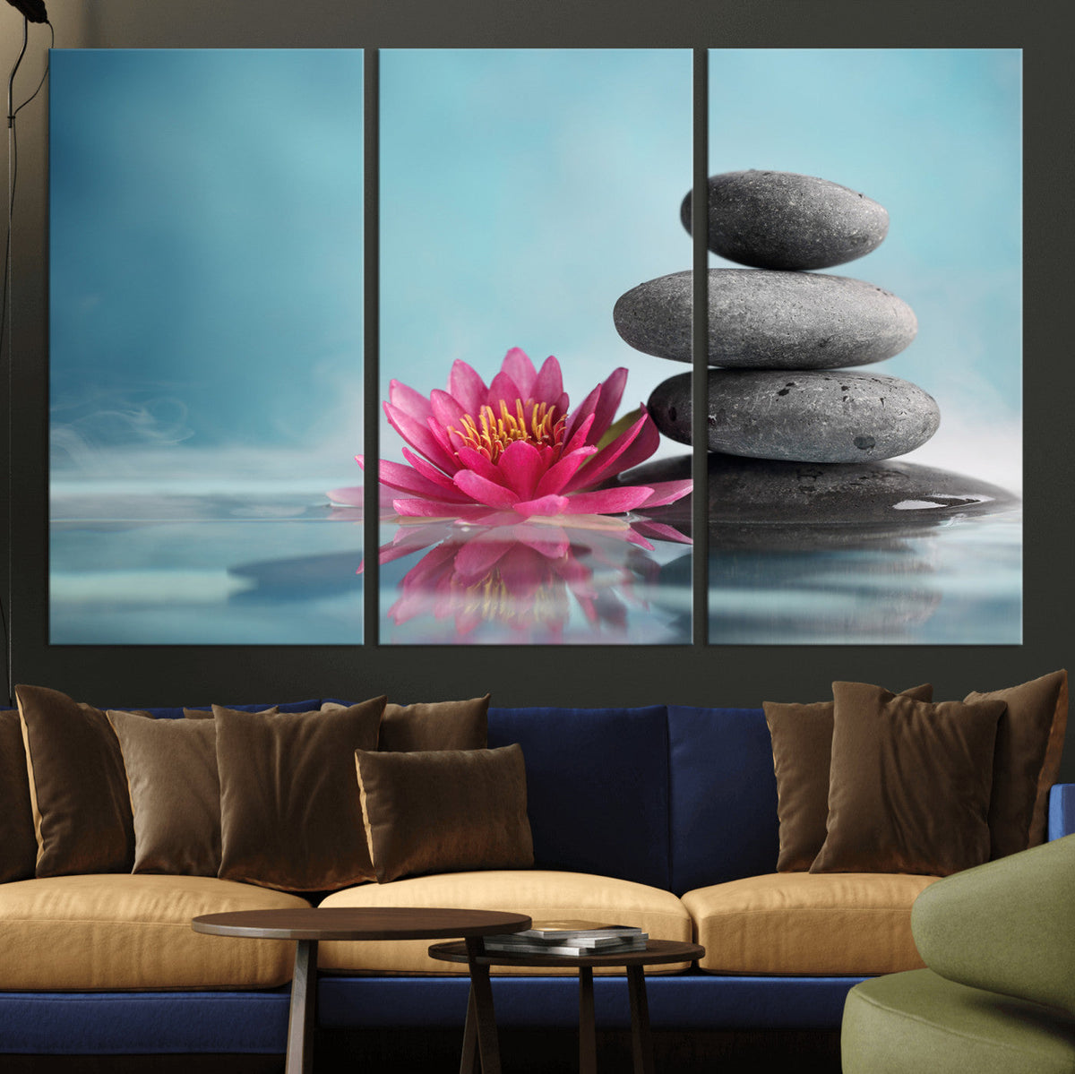 Zen Canvas Wall Art Lotus Flower Stacked Stones Teal Spa