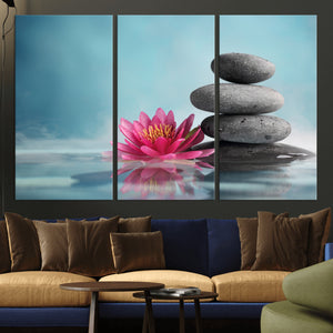 Zen Canvas Wall Art Lotus Flower Stacked Stones Teal Spa