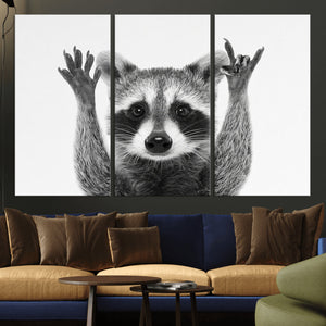 Funny Raccoon Canvas Wall Art, Black White Hands Up Animal Photo Print, Humorous Wildlife Decor, Kids Room Nursery Art, Quirky Animal Gift