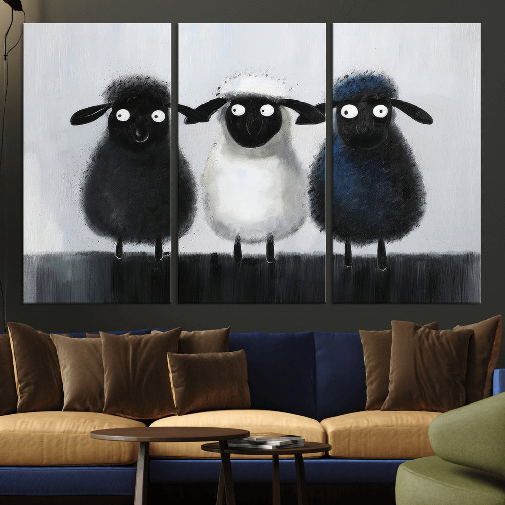 Funny Sheep Canvas Wall Art, Three Quirky Sheep Painting Print, Cute Animal Nursery Decor, Black White Navy Farmhouse Art, Kids Room Gift