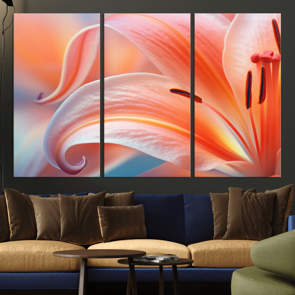 Peach Lily Canvas Wall Art, Coral Pink Flower Macro Photo Print, Botanical Bedroom Decor, Soft Floral Photography, Living Room Wall Art