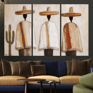 Mexican Wall Art Canvas Print, Southwestern Sombrero Poncho Painting, Neutral Earthy Boho Decor, Fiesta Living Room Art, Impasto Style Print