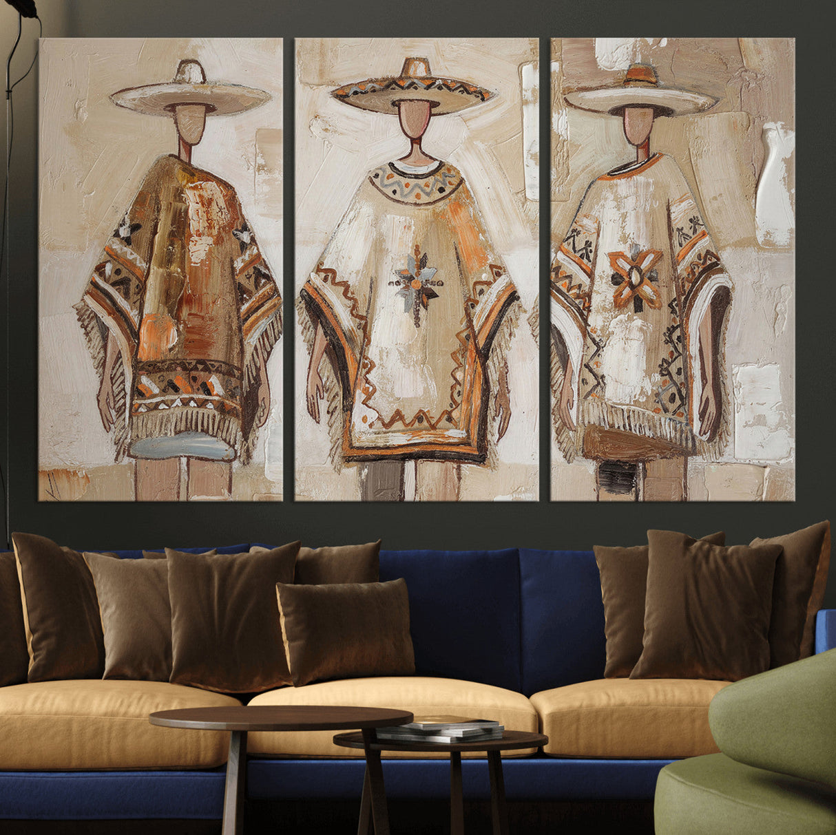 Mexican Folk Art Canvas Wall Art, Charro Poncho Sombrero Painting Print, Neutral Beige Boho Decor, Southwestern Impasto Style, Living Room Art