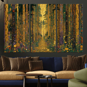 Gustav Klimt Style Forest Canvas Wall Art, Golden Forest Path Floral Art Nouveau Print, Enchanted Woodland Decor