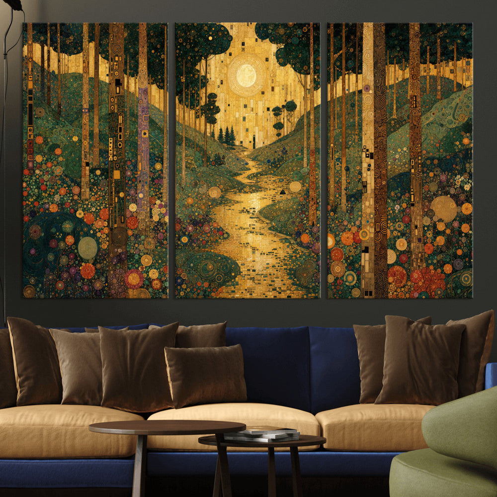 Gustav Klimt Style Forest Canvas Wall Art, Golden Forest Path Floral Art Nouveau Print, Enchanted Woodland Decor