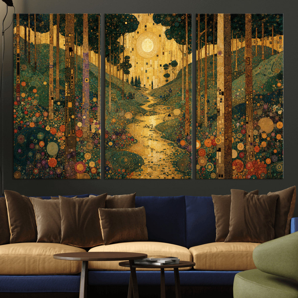 Gustav Klimt Style Forest Canvas Wall Art, Golden Forest Path Floral Art Nouveau Print, Enchanted Woodland Decor