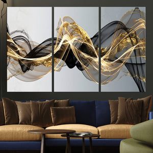 Black and Gold Abstract Wall Art, Modern Wave Canvas Print, Elegant Flowing Smoke Art, Luxury Living Room Decor