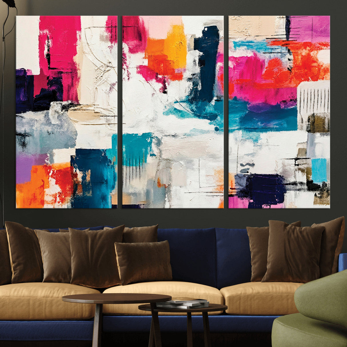 Blue Teal Abstract Canvas Wall Art, Modern Textured Painting Print, Navy Orange White Contemporary Art, Neutral Living Room Decor, Office Art