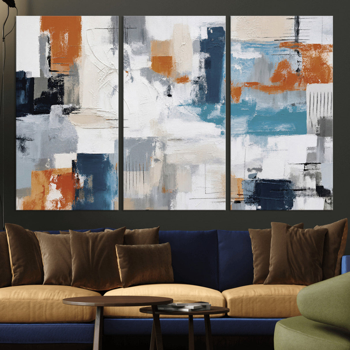 Blue Teal Abstract Canvas Wall Art, Modern Textured Painting Print, Navy Orange White Contemporary Art, Neutral Living Room Decor, Office Art