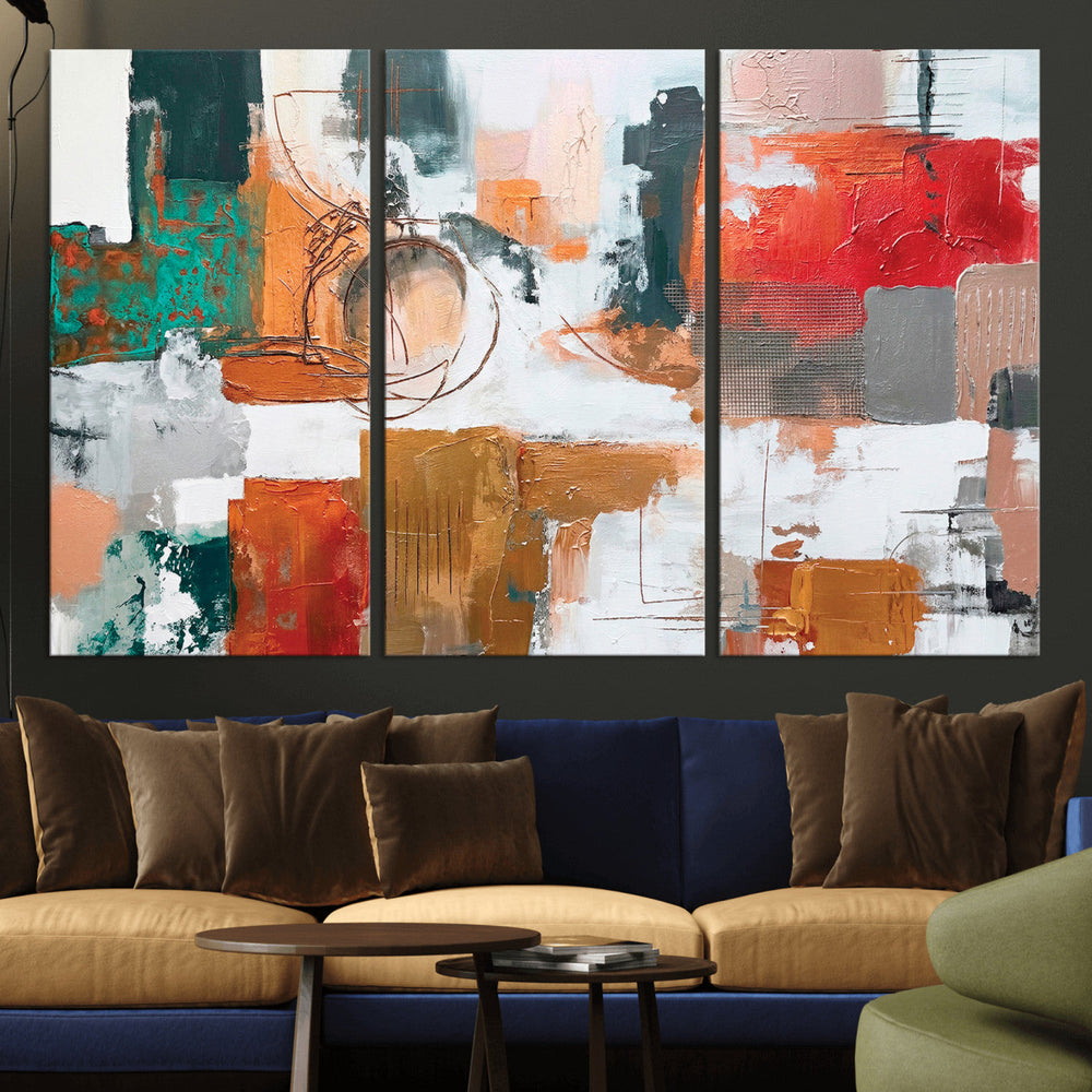 Blue Teal Abstract Canvas Wall Art, Modern Textured Painting Print, Navy Orange White Contemporary Art, Neutral Living Room Decor, Office Art