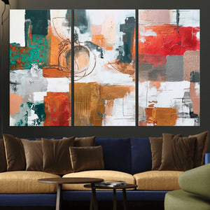 Blue Teal Abstract Canvas Wall Art, Modern Textured Painting Print, Navy Orange White Contemporary Art, Neutral Living Room Decor, Office Art