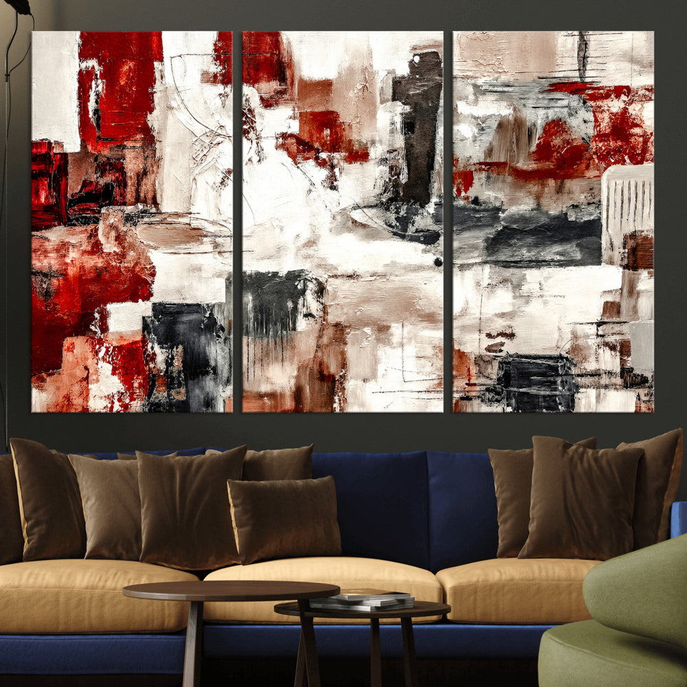Blue Teal Abstract Canvas Wall Art, Modern Textured Painting Print, Navy Orange White Contemporary Art, Neutral Living Room Decor, Office Art