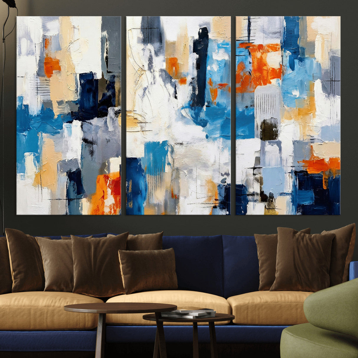 Blue Teal Abstract Canvas Wall Art, Modern Textured Painting Print, Navy Orange White Contemporary Art, Neutral Living Room Decor, Office Art