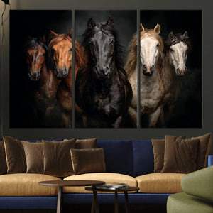 Horse Wall Art Canvas Print, Wild Horses Portrait Photography, Dramatic Equestrian Decor, Black Brown White Horse Herd, Rustic Ranch Art