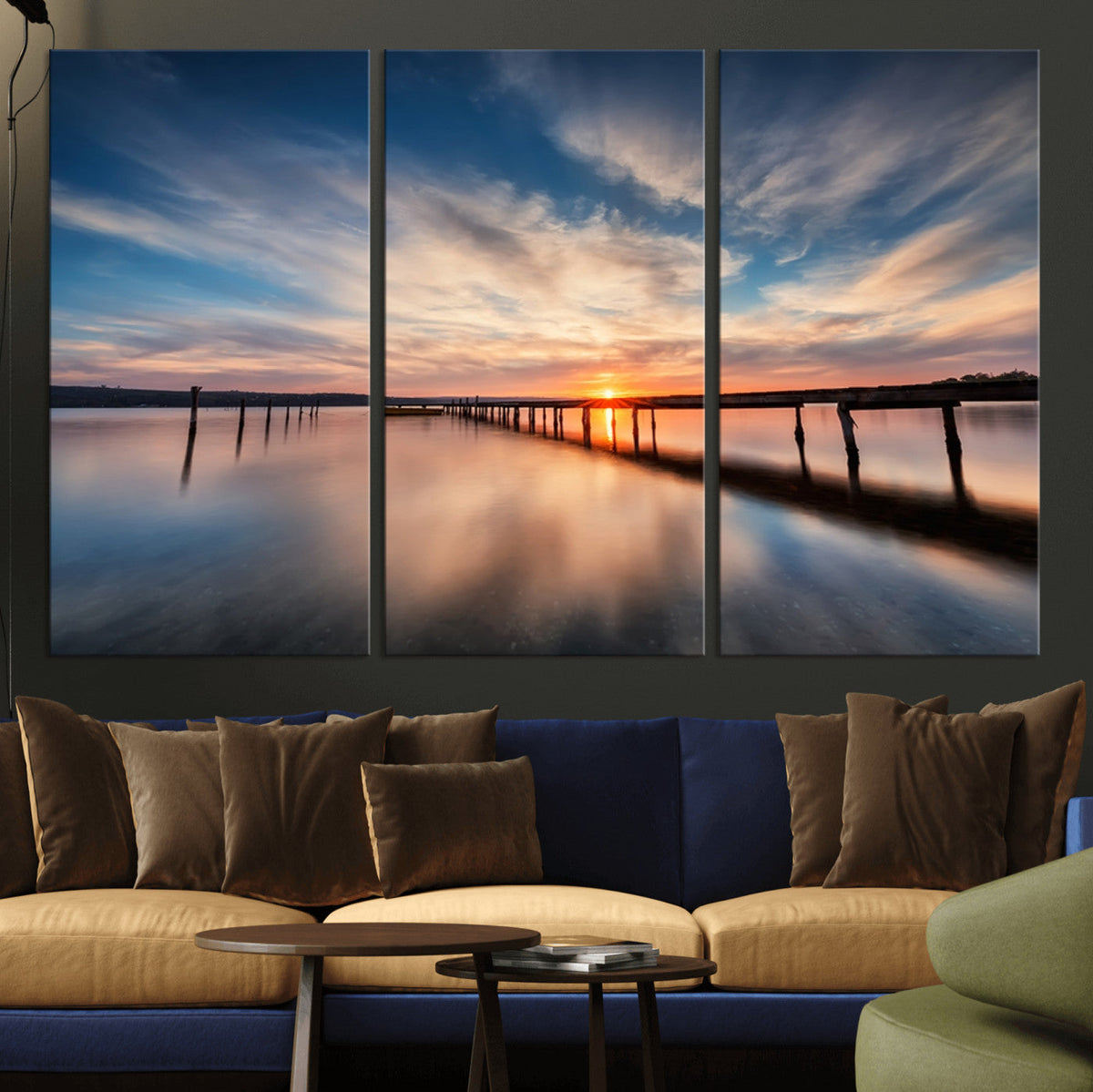 Wooden Pier on Seascape and Sunset Wall Art Canvas Print