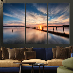 Wooden Pier on Seascape and Sunset Wall Art Canvas Print