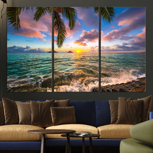 Framed Tropical Sunset Art Canvas Print