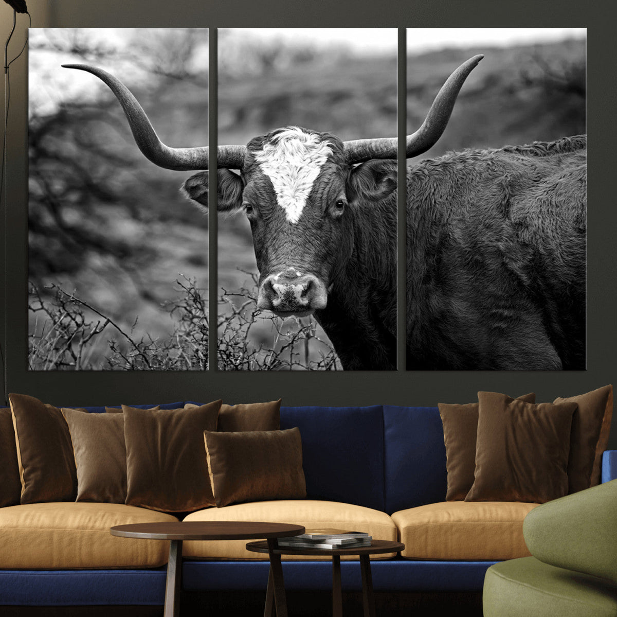 Western Home Wall Art Canvas Print, Framed Texas Longhorn