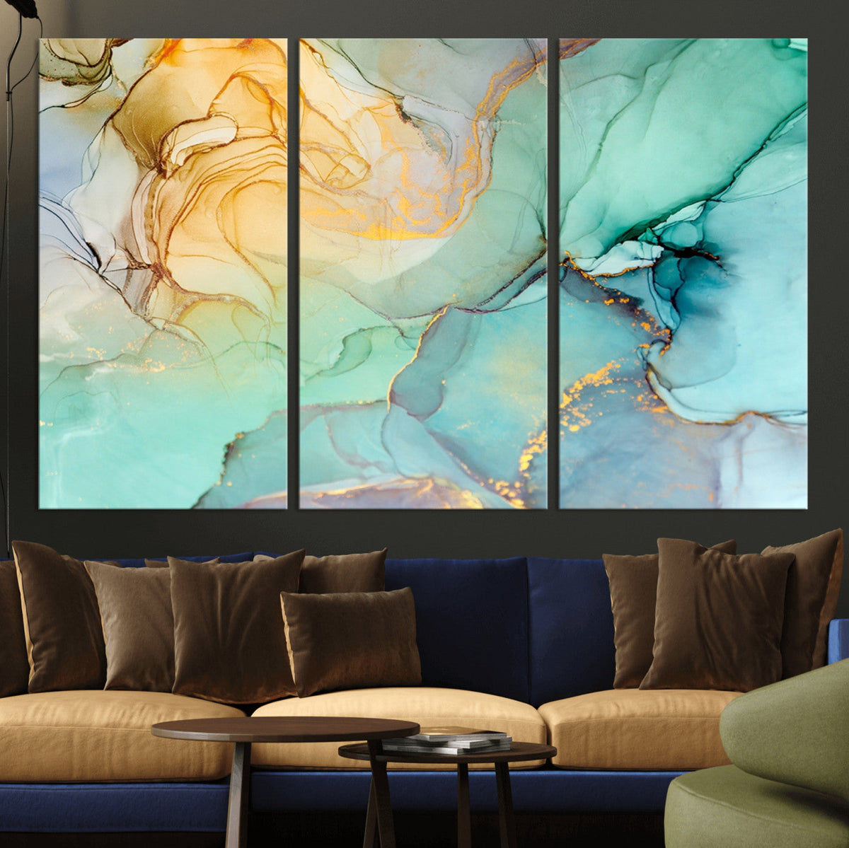 Abstract Aqua and Gold Fluid Wall Art Canvas | 3 Panel Large