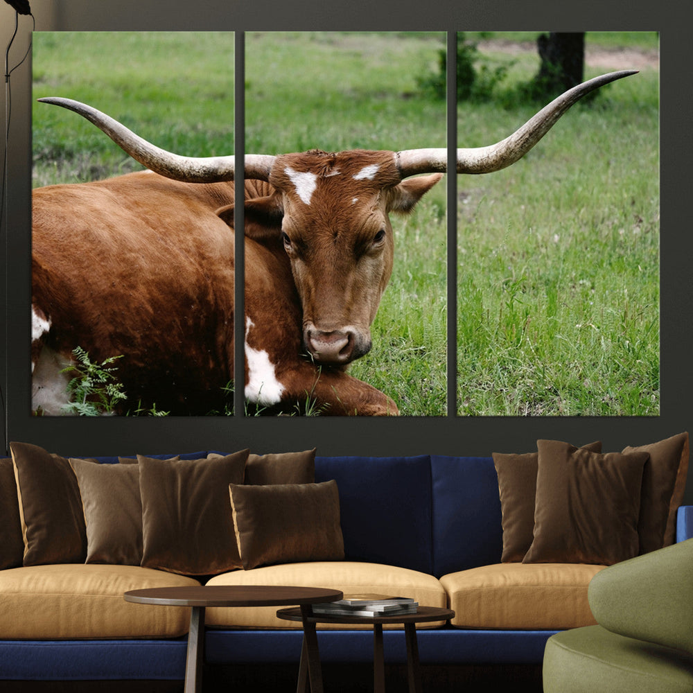 Longhorn Steer Canvas Wall Art – Rustic Nature Triptych