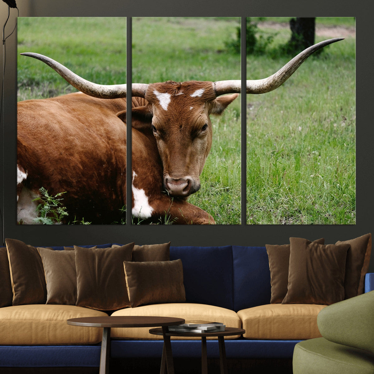 Longhorn Steer Canvas Wall Art – Rustic Nature Triptych