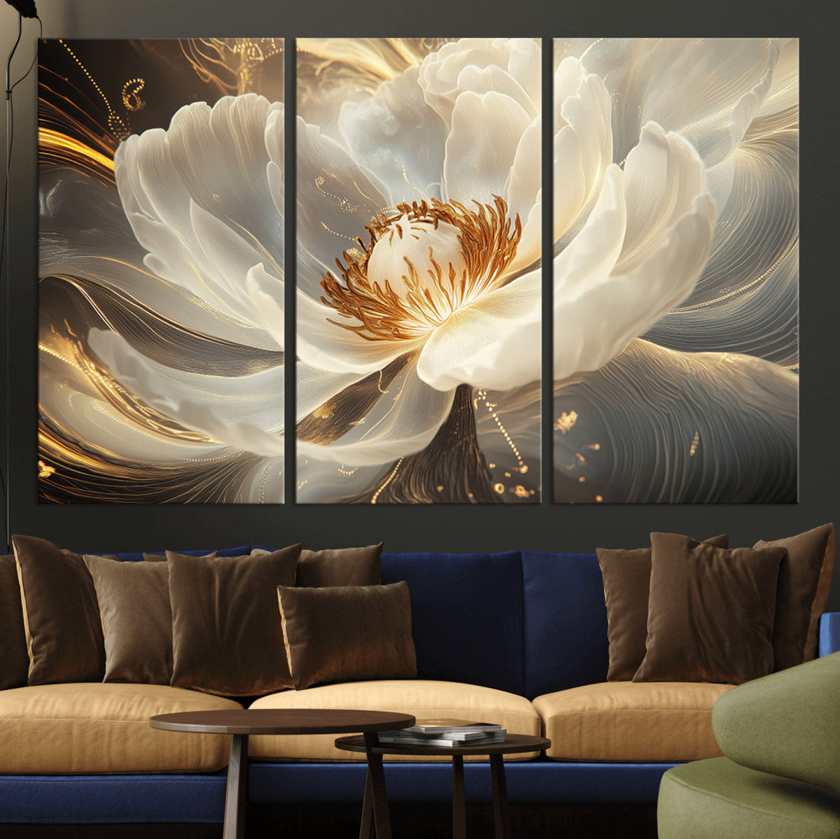 Gold Floral Wall Art Canvas Print, Framed Modern Flower Art