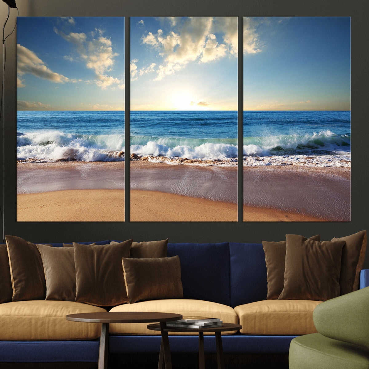 Serene Ocean Sunset Canvas Wall Art - Beach Waves at Sunset,