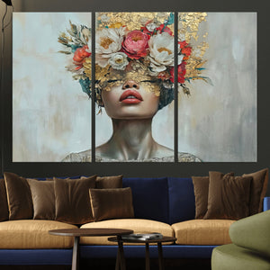 Golden Petal Wall Art Canvas Print - Silhouette Woman Wall