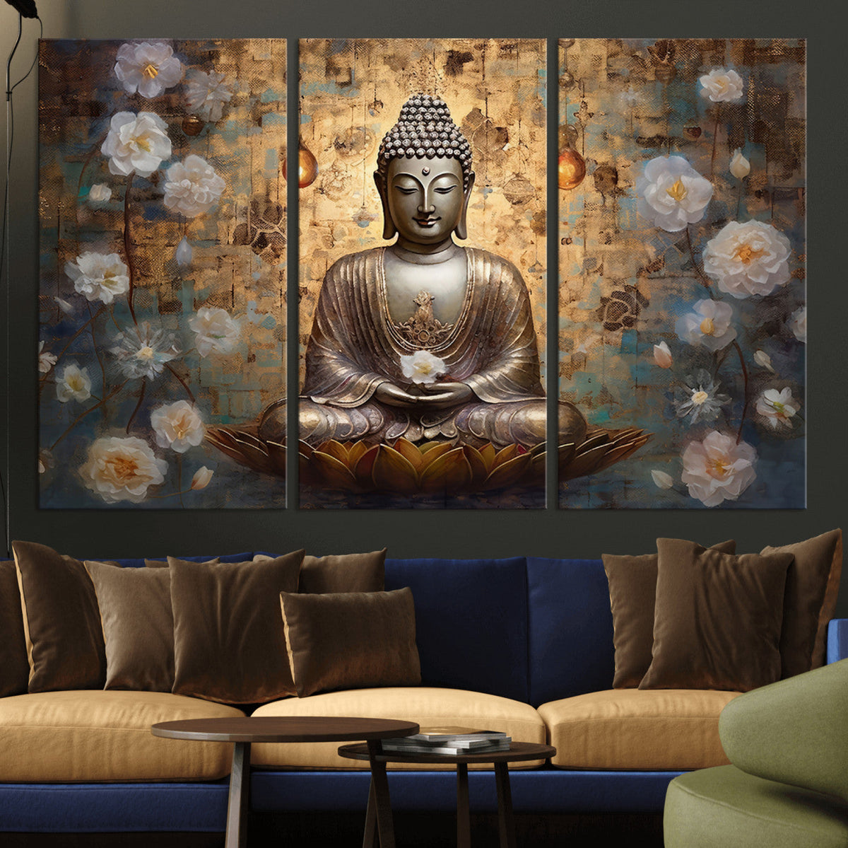 Golden Buddha Wall Art Canvas Print | Zen Meditation Floral