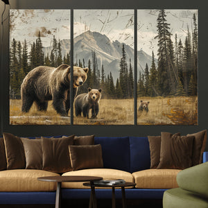 Rustic Grizzly 399 Bear Family Wall Art Canvas Print