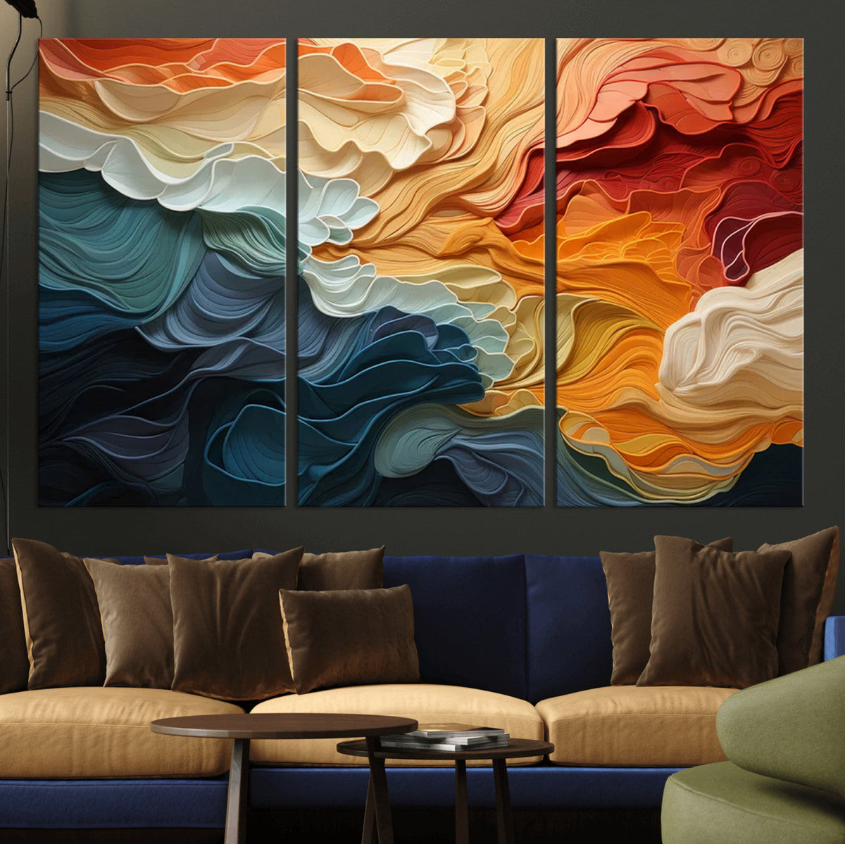 Blue Orange Abstract Wave Wall Art Canvas Print, Framed Blue